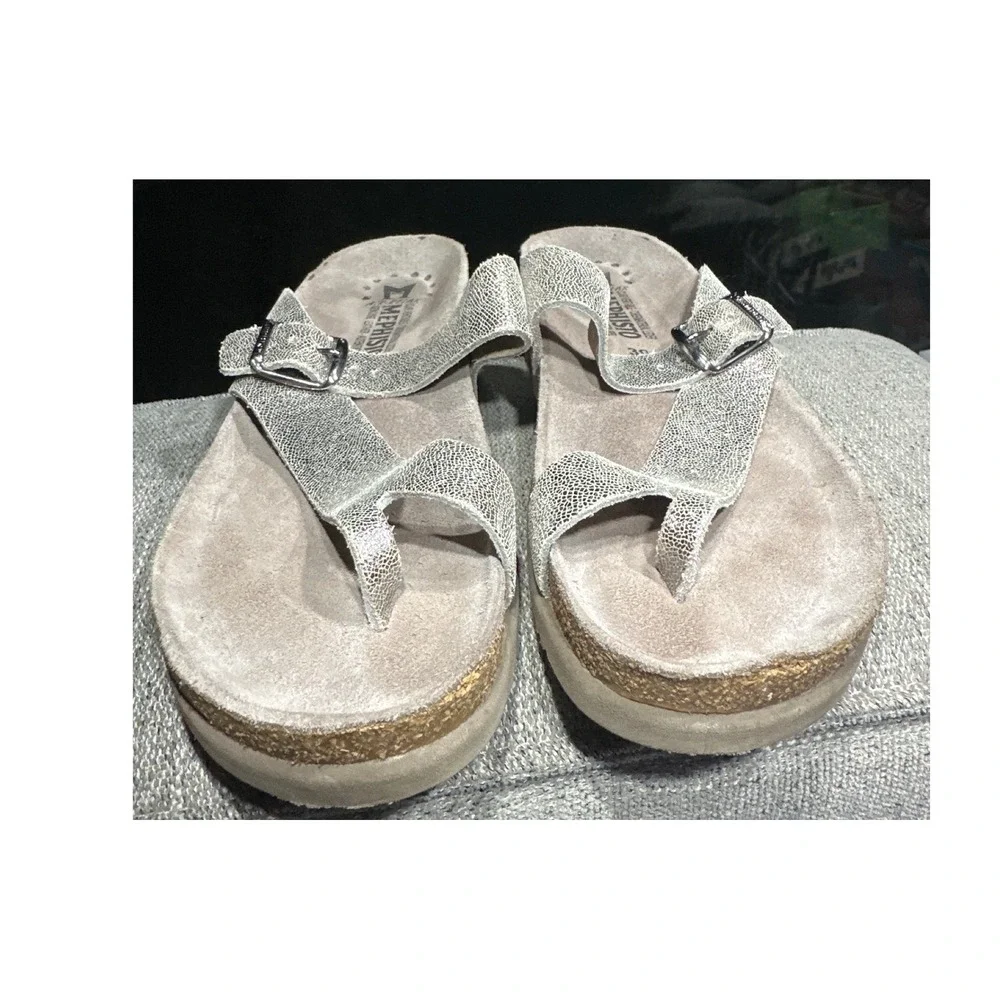 Mephisto Helen Silver Metallic Leather Cork Footbed Sandals Womens 39 France - Picture 3 of 5